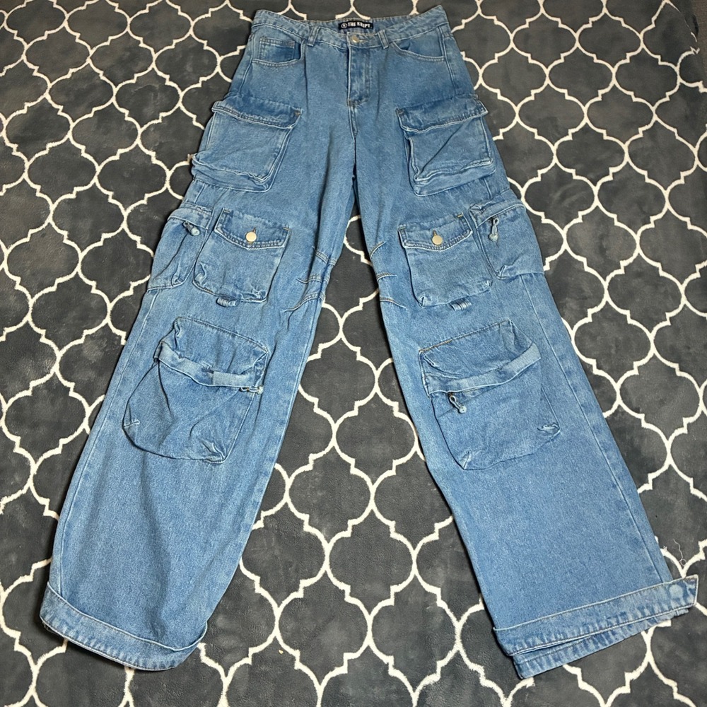 The Kript Blue Multi Pocket Cargo Jeans Wide Leg Baggy Streetwear Denim Sz S 28